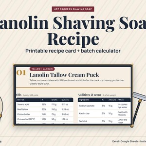 Könnte beinhalten: Eine digitale Rezeptkarte für Lanolin-Rasierseife mit Chargenrechner. Der Text lautet Lanolin Shaving Soap Recipe, Printable recipe card + batch calculator und Lanoline Tallow Cream Puck mit Tabellen für Inhaltsstoffe.
