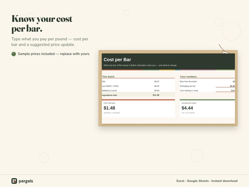 beginner soap recipe spreadsheet cost per bar tab with ingredient prices and suggested price