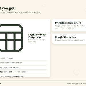 beginner soap recipe what is included: spreadsheet, printable PDF and Google Sheets link