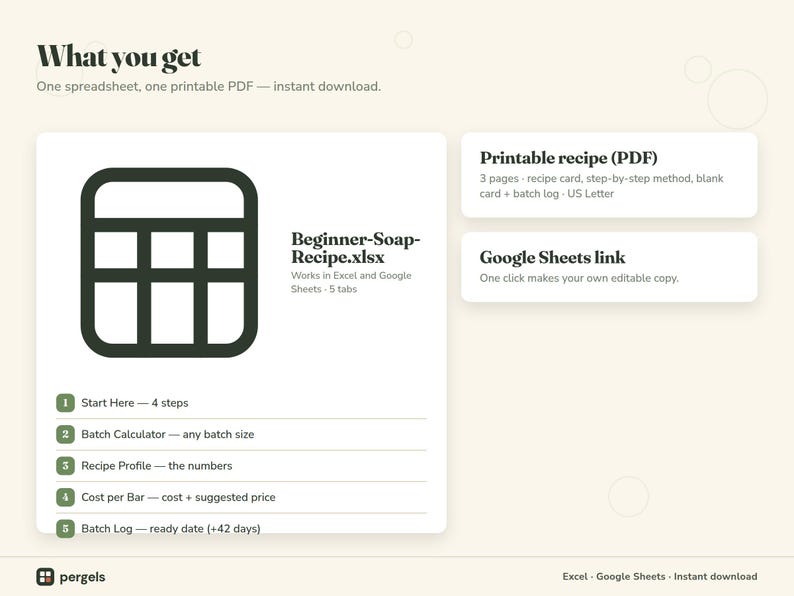 beginner soap recipe what is included: spreadsheet, printable PDF and Google Sheets link