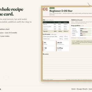 beginner soap recipe printable recipe card with oils, lye, water, additives and a soap qualities chart