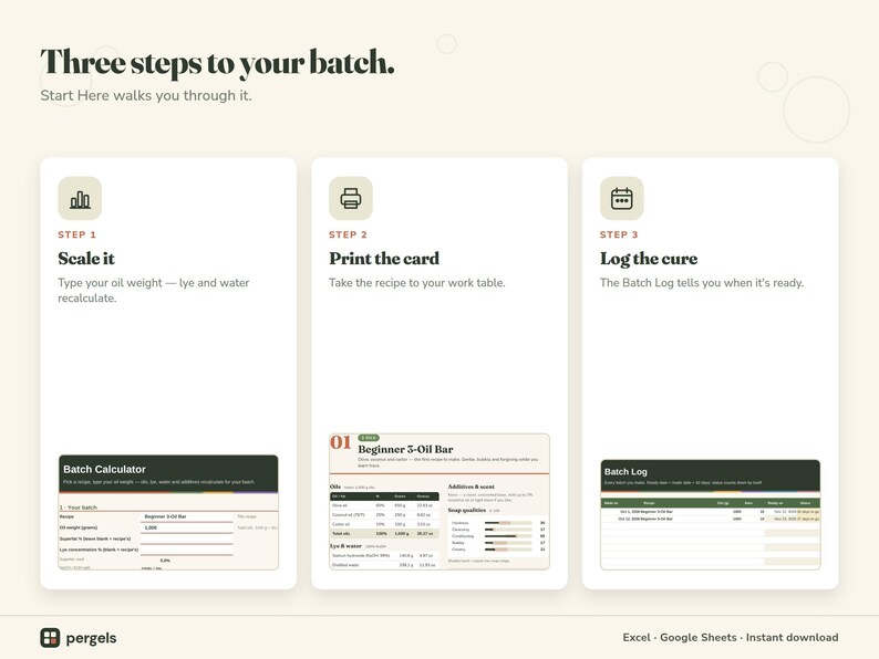 beginner soap recipe how it works: scale the batch, print the card, log the cure