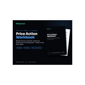 Könnte beinhalten: Ein schwarzes Price Action Workbook als PDF mit weißem und blauem Text. Das Cover zeigt den Titel, 16 Lektionen, 147 Seiten sowie Übungen mit Lösungsschlüsseln. Enthält die Website fillscope.com, Sofort-Download im A4-Format.