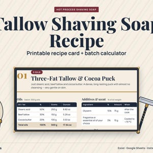 Könnte beinhalten: Eine digitale Rezeptkarte für Talg-Rasierseife mit der Formel für einen Three-Fat Tallow & Cocoa Puck. Das Dokument enthält einen Chargenrechner mit Inhaltsstoffprozenten, Gramm- und Unzenangaben sowie einen Rasierpinsel und einen Rasierer.