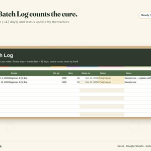 beginner soap recipe spreadsheet Batch Log tab with ready date and curing status