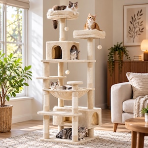 May include: A tall, multi-level beige cat tree featuring several carpeted platforms, a central enclosed cubby, a hanging hammock, and multiple sisal-wrapped scratching posts. Five cats are positioned on various levels of the structure.