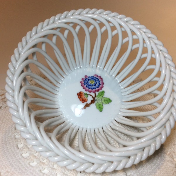 Vintage Herend Porcelain Basket, Open Weave, Hand Painted, Made in Hungary, Mint Condition