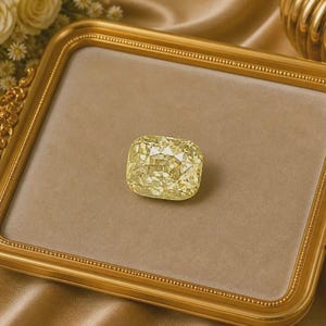 May include: A cushion-cut yellow gemstone with a faceted surface, displayed on a rectangular gold-toned tray with ornate handles and a smooth, light beige velvet-like interior lining, showcasing a brilliant and reflective appearance.