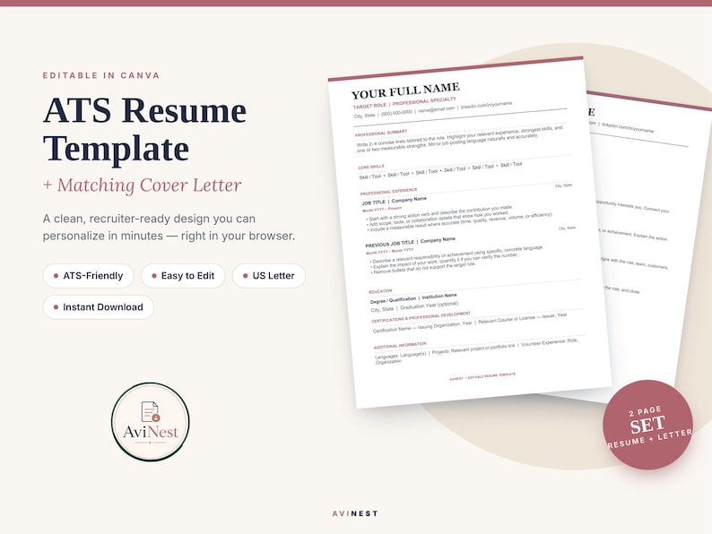 ATS Resume Template Canva, ATS Friendly Resume With Cover Letter ...
