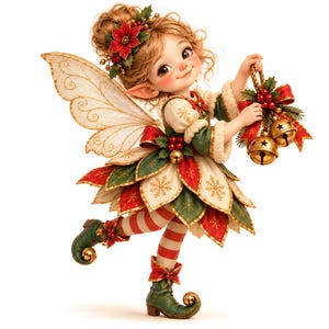 Puede incluir: Una figura de hada con cabello castaño claro, vestida con un traje de capas en forma de pétalos rojos y verdes con patrones de copos de nieve dorados. Tiene alas translúcidas, mallas a rayas rojas y blancas, botas verdes y sostiene dos campanas doradas.