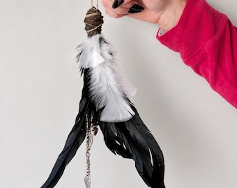 The Fallen Angel Talisman | Black & White Feather Assemblage | Gothic Hanging Bag Charm | Alma Oscura Studios