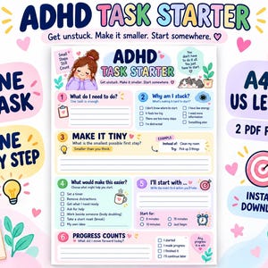 Puede incluir: Una hoja de trabajo digital ADHD Task Starter en colores pastel, con ilustraciones de una persona y un gato, y seis secciones numeradas con casillas de verificación. El texto incluye ADHD TASK STARTER, Get unstuck. Make it smaller. Start somewhere., A4 + US LETTER, 2 PDF FILES e INSTANT DOWNLOAD.