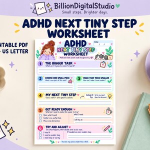 Pode incluir: Uma folha de trabalho imprimível ADHD Next Tiny Step com seis seções numeradas para gestão de tarefas. O documento inclui ilustrações de uma pessoa, um gato e ícones, com sugestões de texto para dividir tarefas em passos pequenos e acionáveis.