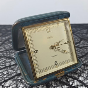 Vintage Semca 7 Jewels Swiss Travel Alarm Clock Teal Blue Folding Case Case Wear