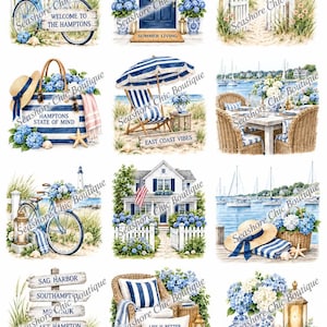 Hamptons Escape utskrivbar JPEG | 12 blå kustmönster för decoupage, kort och sommarpyssel