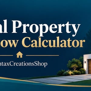 May include: A digital graphic for a Rental Property Cash Flow Calculator featuring a black calculator on the left, a modern two-story house on the right, and an upward-trending arrow graph. The text reads Rental Property Cash Flow Calculator.