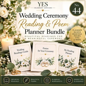 May include: A wedding ceremony reading and poem planner bundle featuring three white booklets titled Wedding Readings Guide, Poems for Your Ceremony, and My Reading Planner. The set includes gold rings, floral illustrations, and a gold pen.