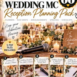 Puede incluir: Un paquete digital de planificación de recepción para maestro de ceremonias de boda con cinco archivos PDF. La portada muestra el texto Yes Celebrant Services, Wedding MC Reception Planning Pack, No. 66, junto a un micrófono y velas.