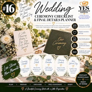 May include: A wedding ceremony checklist and final details planner set featuring a dark green book with gold text, a white card with black text, five smaller informational cards, a silver pen, and two gold rings, all displayed with floral accents.