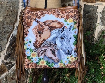 Completed Candamar Three Horses Needlepoint with Daisies Purse Made To Order