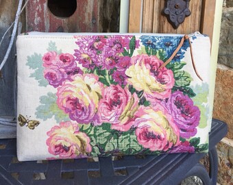 MADE TO ORDER Vintage Shabby Romantic Floral Barkcloth Tote, Clutch, Wristlet