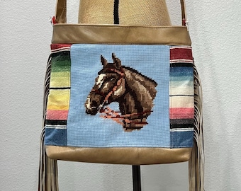 Needlepoint Horse Fringe Tote or Crossbody Purse