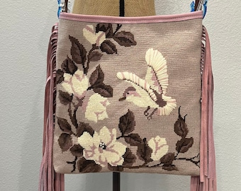 Needlepoint Bird Magnolia Fringe Purse