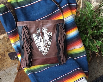 Leather Black and Brown Fringe Hair on Hide Arrowhead Tote with Genuine Antler