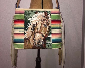 Petit Point Needlepoint Horse Vintage Serape Tote