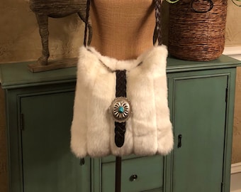 Tissavel Faux White Mink Fur Tote/Crossbody with Turquoise Concho
