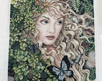 Rare Stunning Needlepoint Lady with Butterflies