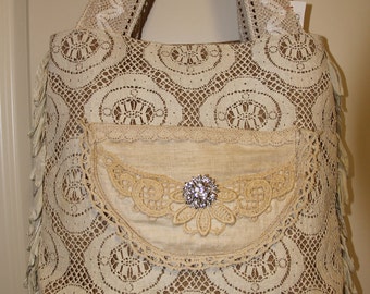 Large shabby chic burlap purse