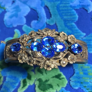 Vintage Filigree Bangle Bracelet with Blue Stones