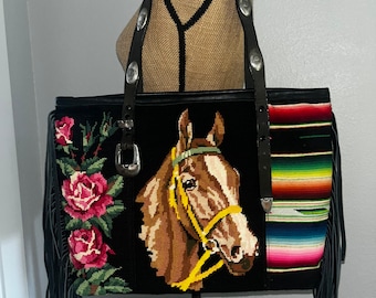 Custom Order for YOU Needlepoint Horse Needlepoint Roses Vintage Serape  Leather Fringe Tote