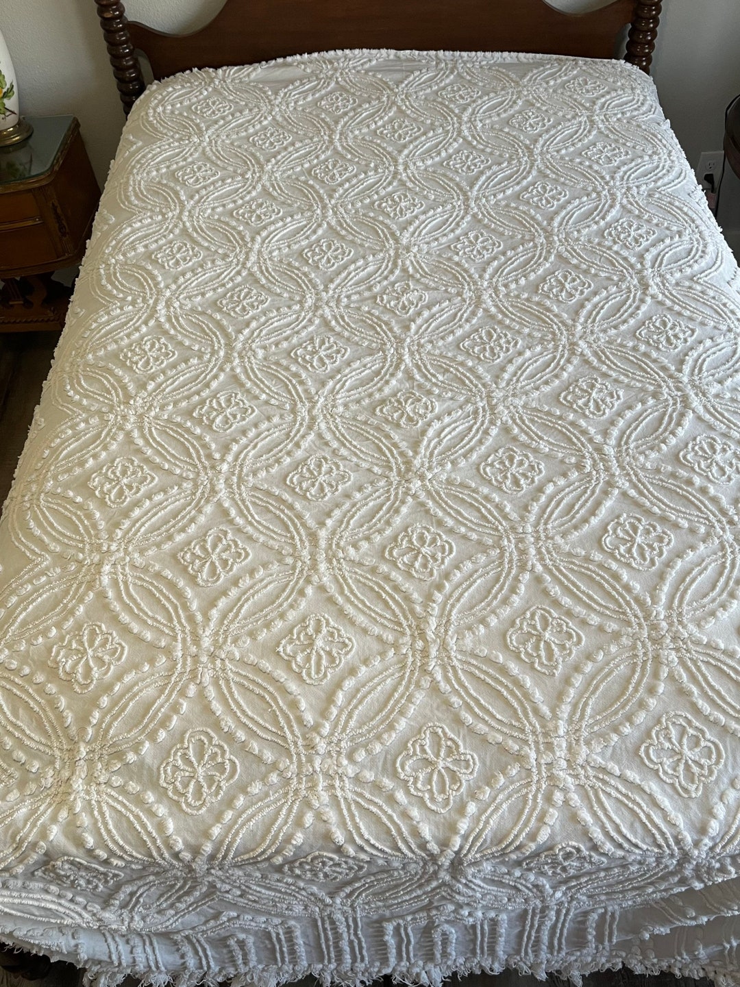 Vintage White Chenille Bedspread With Flowers Etsy