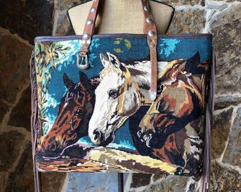 Large Vintage Needlepoint Three Horses Tote or Overnight Bag CUSTOM ORDER
