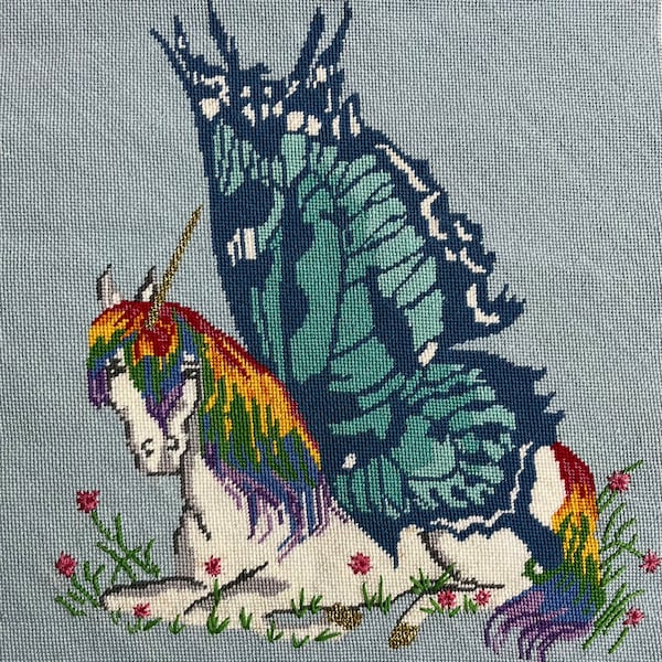 Vintage Needlepoint Rainbow Unicorn Completed