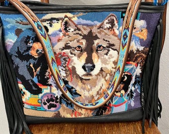 Made to Order DEPOSIT Vintage Petit Point Needlepoint Wolf Southwest Tote