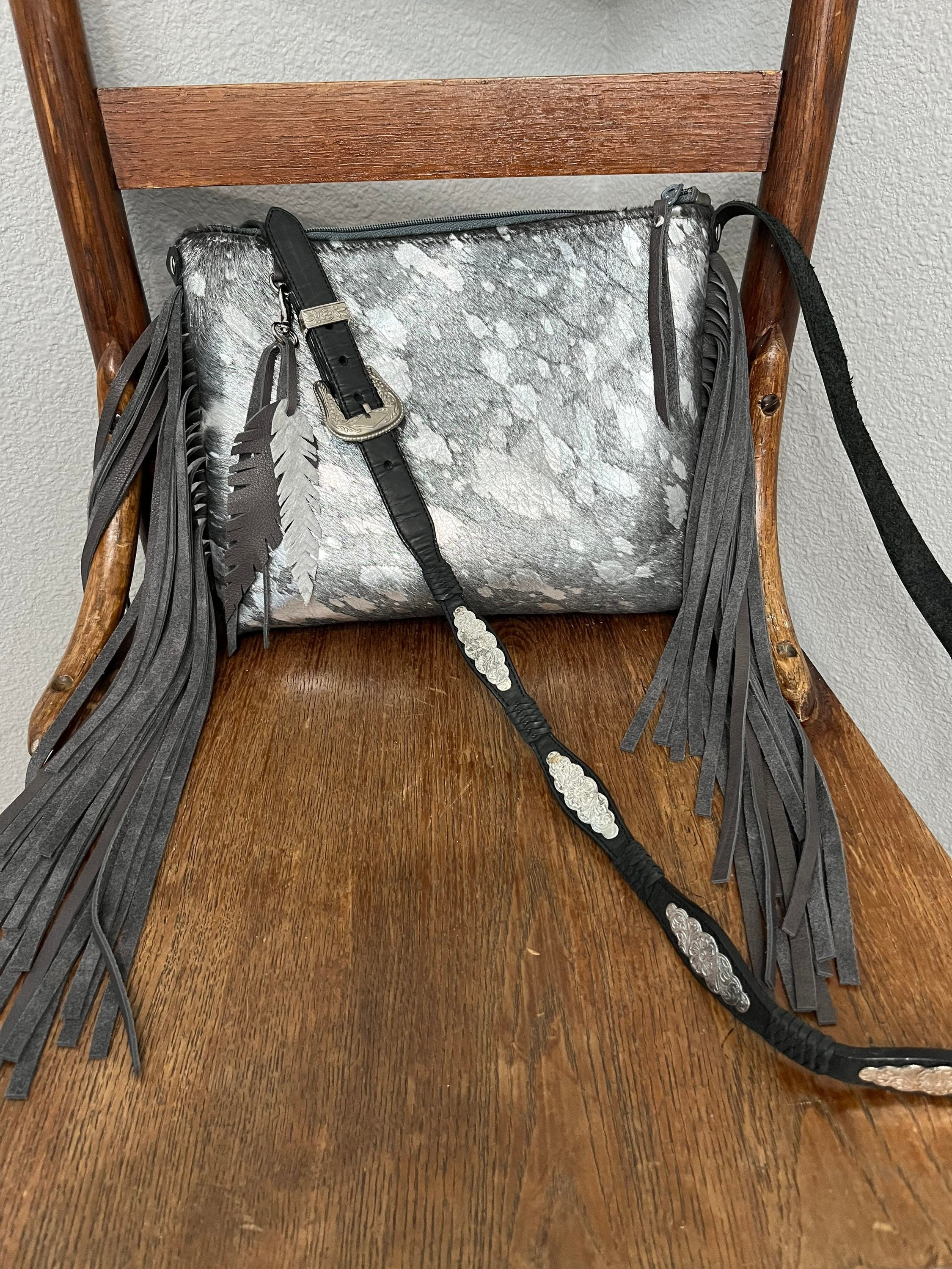 Acid Wash Black/Charcoal and Silver~Fringe Tote/Crossbody