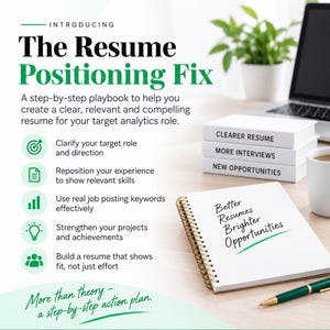 Puede incluir: Un folleto de descarga digital para The Resume Positioning Fix de Swift Lane. El texto incluye: Introducing The Resume Positioning Fix, A step-by-step playbook to help you create a clear, relevant and compelling resume for your target analytics role.