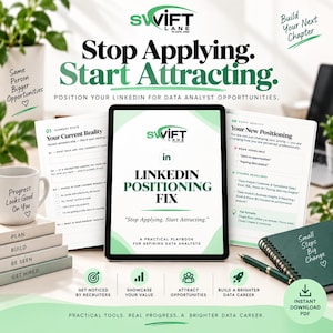 May include: A digital tablet displays the LinkedIn Positioning Fix playbook with a green and white color scheme. The screen features the Swift Lane logo and text, surrounded by printed workbook pages, a pen, and a stack of books labeled Plan, Build, Be Seen, Get Hired.