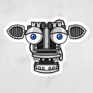 May include: A sticker featuring a stylized robot face with large, round eyes with blue irises. The robot has a silver and gray color scheme, with ear-like structures on either side and a detailed mouth.