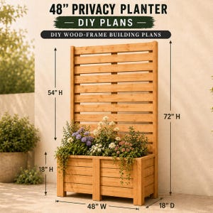 Può includere: Una fioriera in legno con schermo a doghe e base rettangolare. Il testo riporta 48" PRIVACY PLANTER DIY PLANS e DIY WOOD-FRAME BUILDING PLANS. Le dimensioni indicate sono 48" W, 18" D, 18" H, 54" H e 72" H.