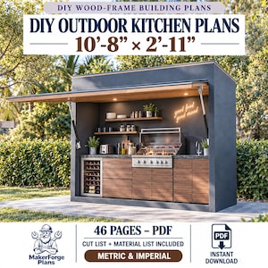 May include: DIY outdoor kitchen building plans for a 10'-8" x 2'-11" wood-frame structure. The 46-page PDF includes a cut list and material list. The design features a dark gray exterior, wood cabinets, a wine cooler, and a built-in gas grill.