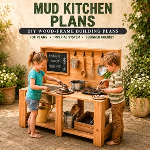 Kids Mud Kitchen Plans, Outdoor Kids Play Station Plan, DIY Montessori Child Mudkitchen