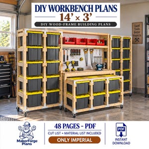 May include: DIY workbench plans for a 14' x 3' wood-frame structure. The image shows a large wooden workbench with a pegboard, multiple shelves, and numerous grey storage bins with yellow lids. Includes a 48-page PDF with cut and material lists.
