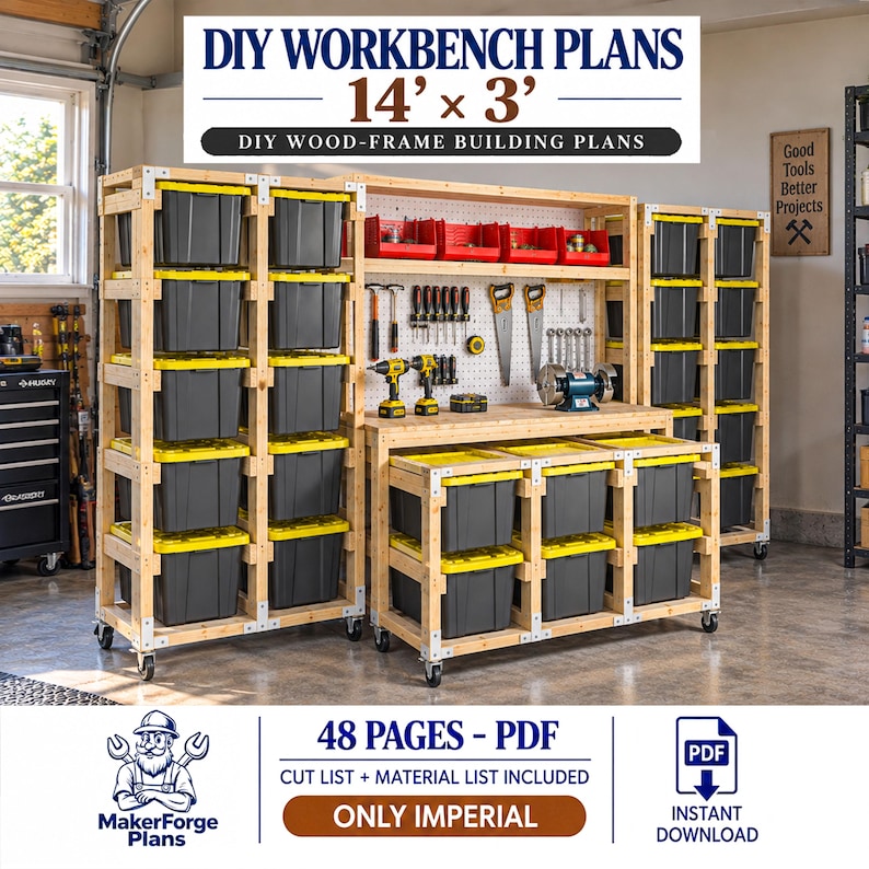 Storage Workbench Plans, DIY Garage Storage Shelf, 27 Gallon Tote Rack ...