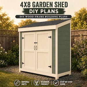 Puede incluir: Un cobertizo de jardín de 4x8 con revestimiento horizontal verde salvia, bordes color crema y puertas dobles con herrajes negros. El texto dice 4X8 GARDEN SHED DIY PLANS y DIY WOOD-FRAME BUILDING PLANS con iconos de unidades.