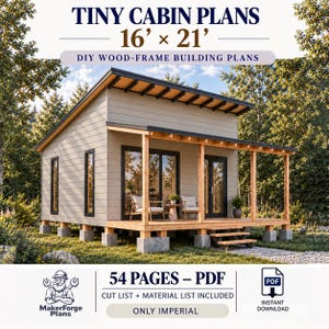 Puede incluir: Planos de cabaña pequeña para una construcción de estructura de madera de 4,88m por 6,4m. El documento es un PDF de 54 páginas que incluye lista de cortes y materiales en unidades imperiales. La cabaña tiene techo inclinado y porche.