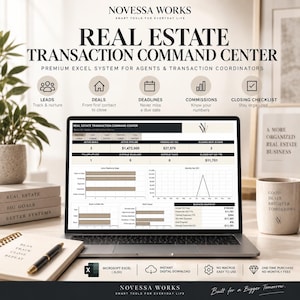 May include: A laptop screen displays the Novessa Works Real Estate Transaction Command Centre, a digital Excel system. The dashboard features data tables, bar charts, and line graphs for tracking leads, deals, deadlines, commissions, and closing checklists.
